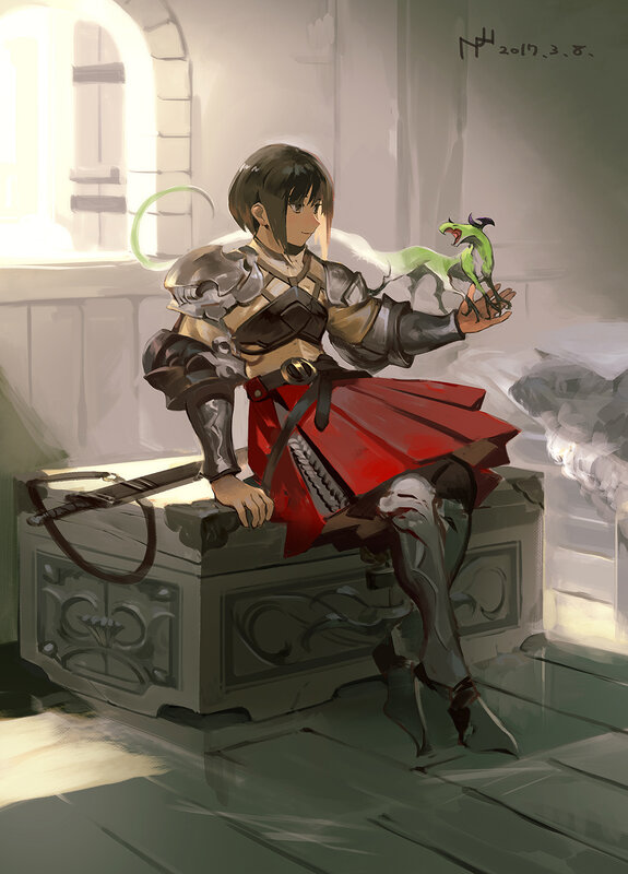 Female Warrior with Dragon — Red, Calm