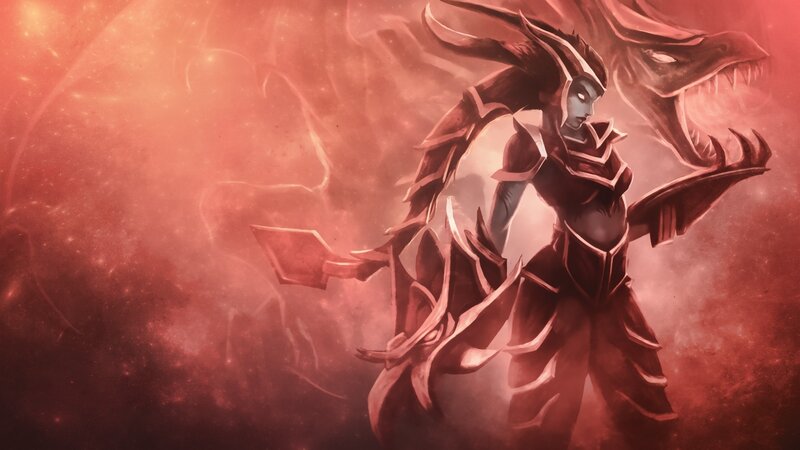 Female Warrior with Dragon — Red, Dramatic, Digital Art, Armor