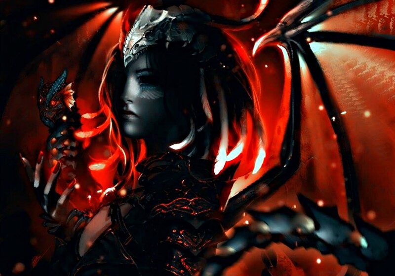 Female Warrior with Dragon — Red, Dramatic, Digital Art, Wings