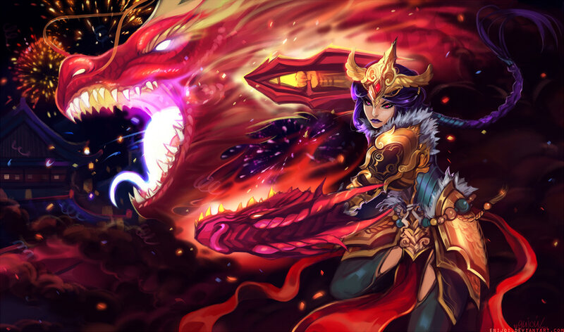 Female Warrior with Dragon — Red, Dramatic