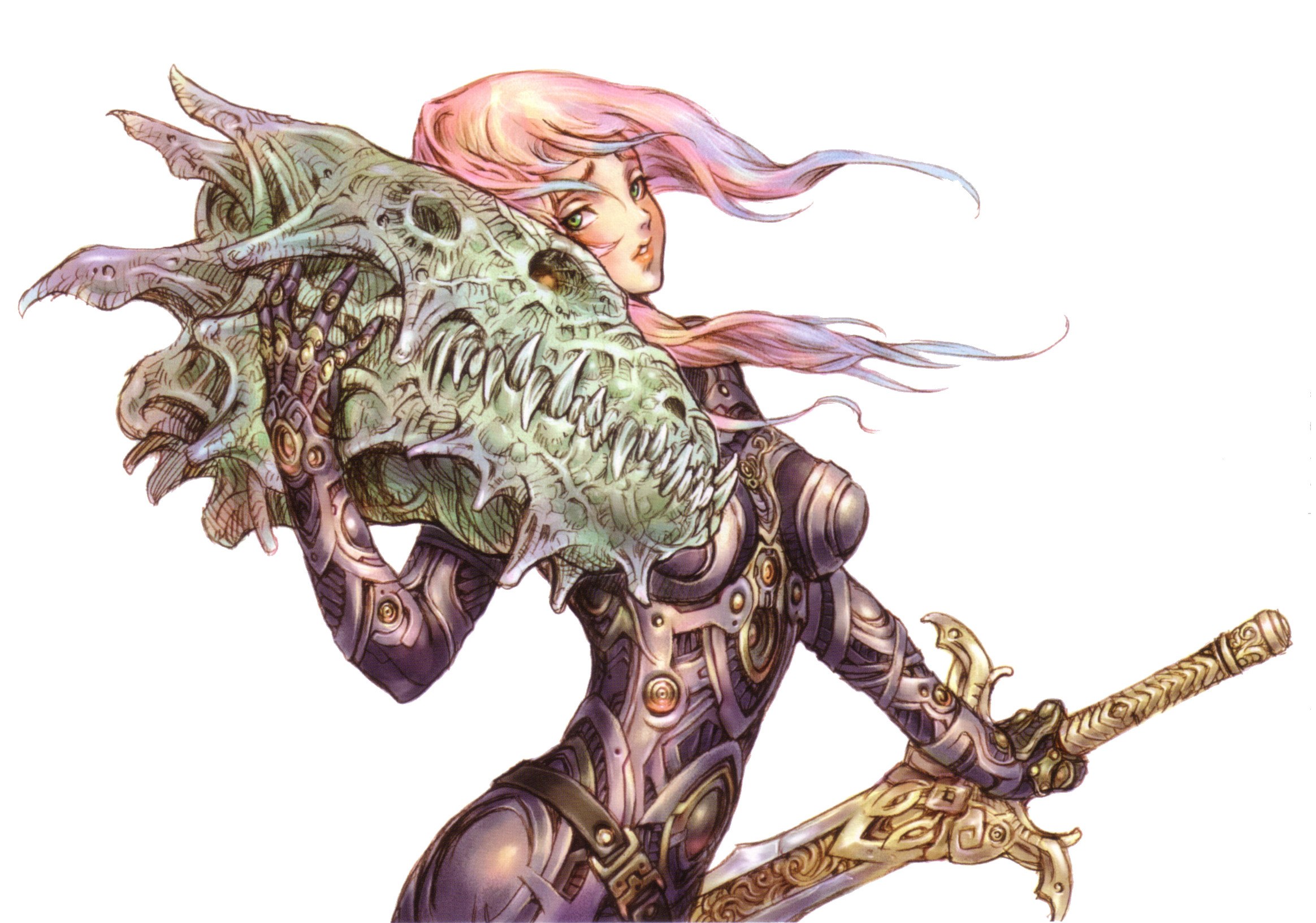 female warrior with dragon skull