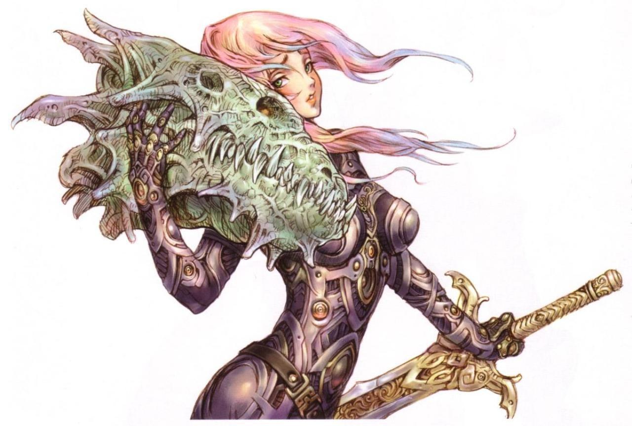 female warrior with dragon skull