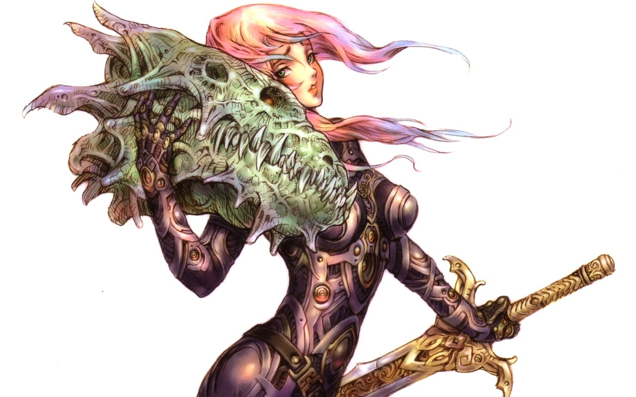 female warrior with dragon skull