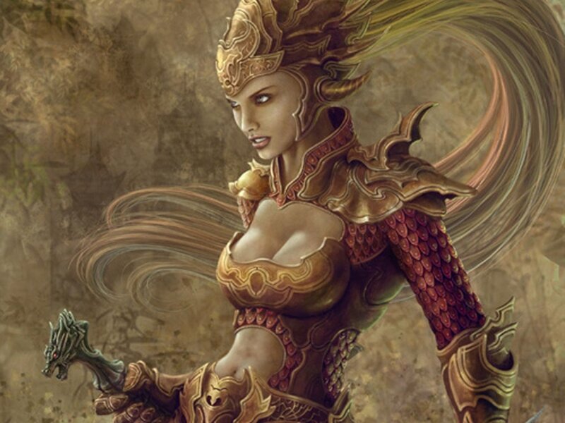 Female Warrior with Dragon Staff