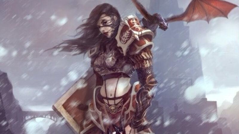 Female Warrior with Dragon — White, Dramatic