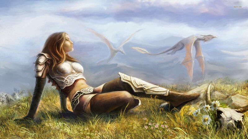Female Warrior with Dragons — Blue