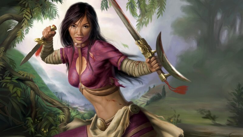 female warrior with dual blades