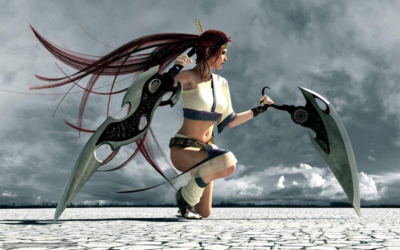 Female Warrior with Dual Blades — Gray, Dramatic