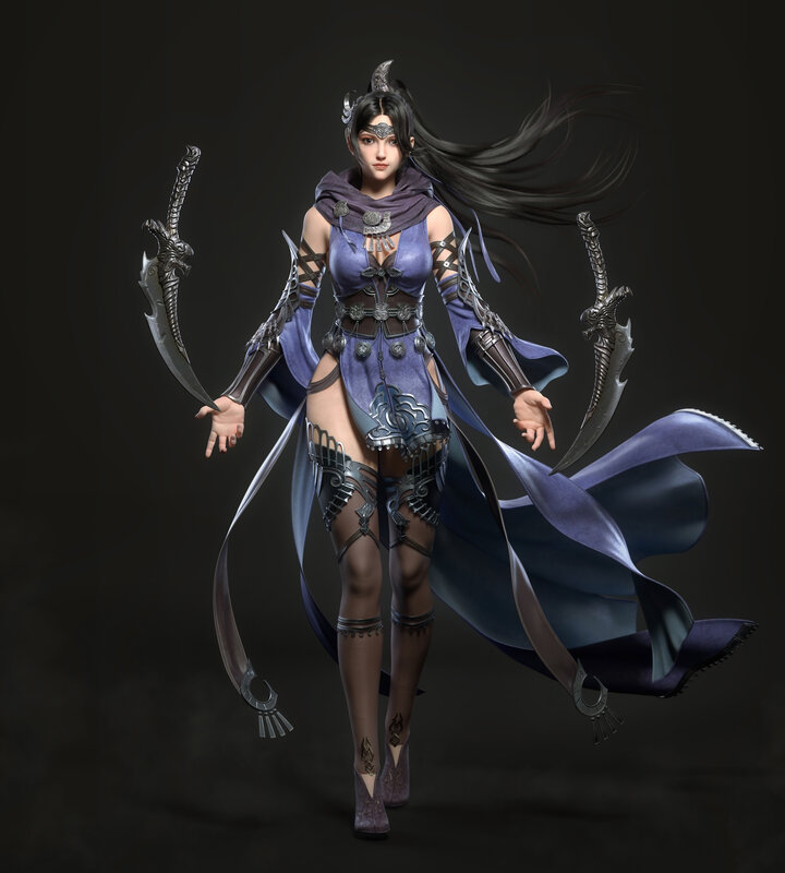 Female Warrior with Dual Blades — Purple, Dramatic, 3d Render