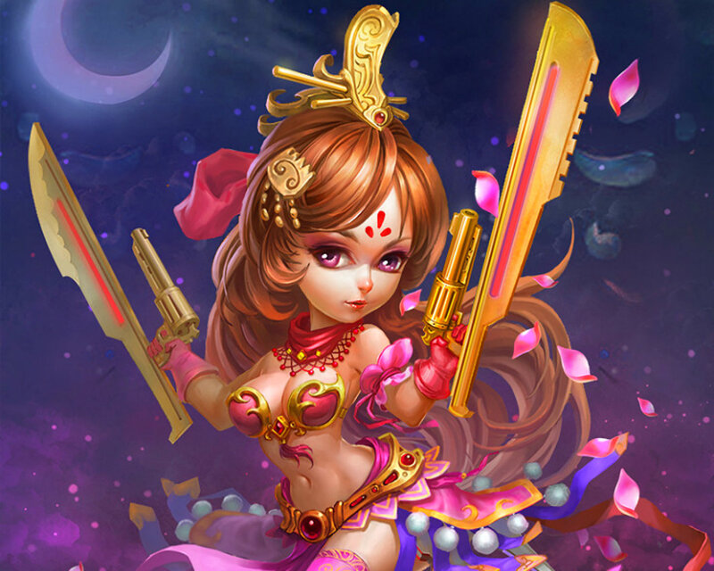 Female Warrior with Dual Blades — Purple, Dramatic, Night
