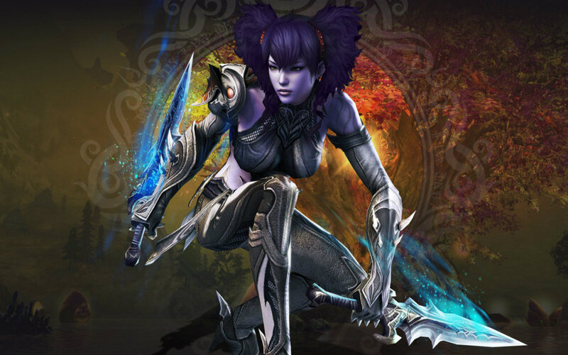 Female Warrior with Dual Blades — Purple, Dramatic