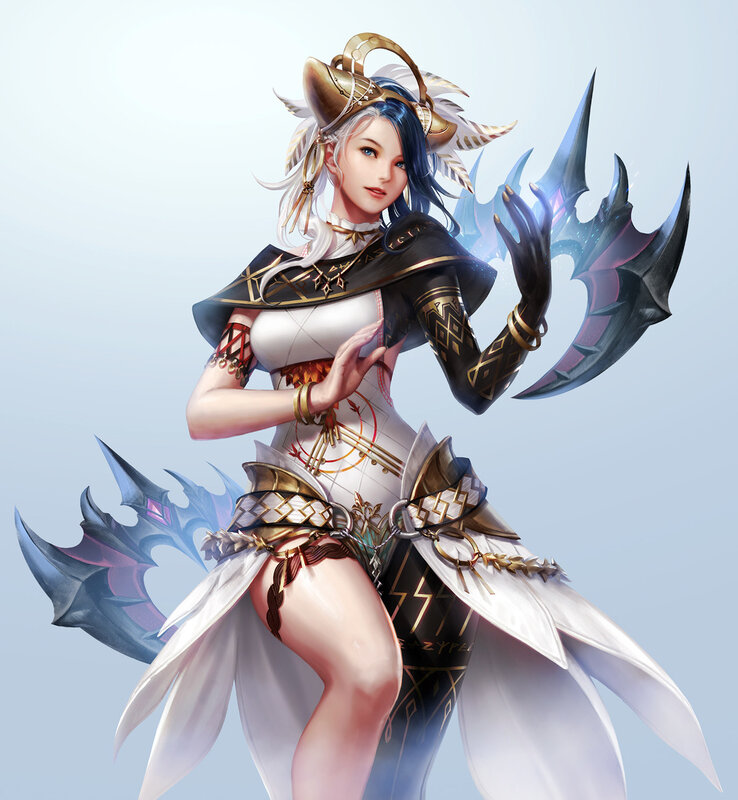 Female Warrior with Dual Blades — White, Dramatic