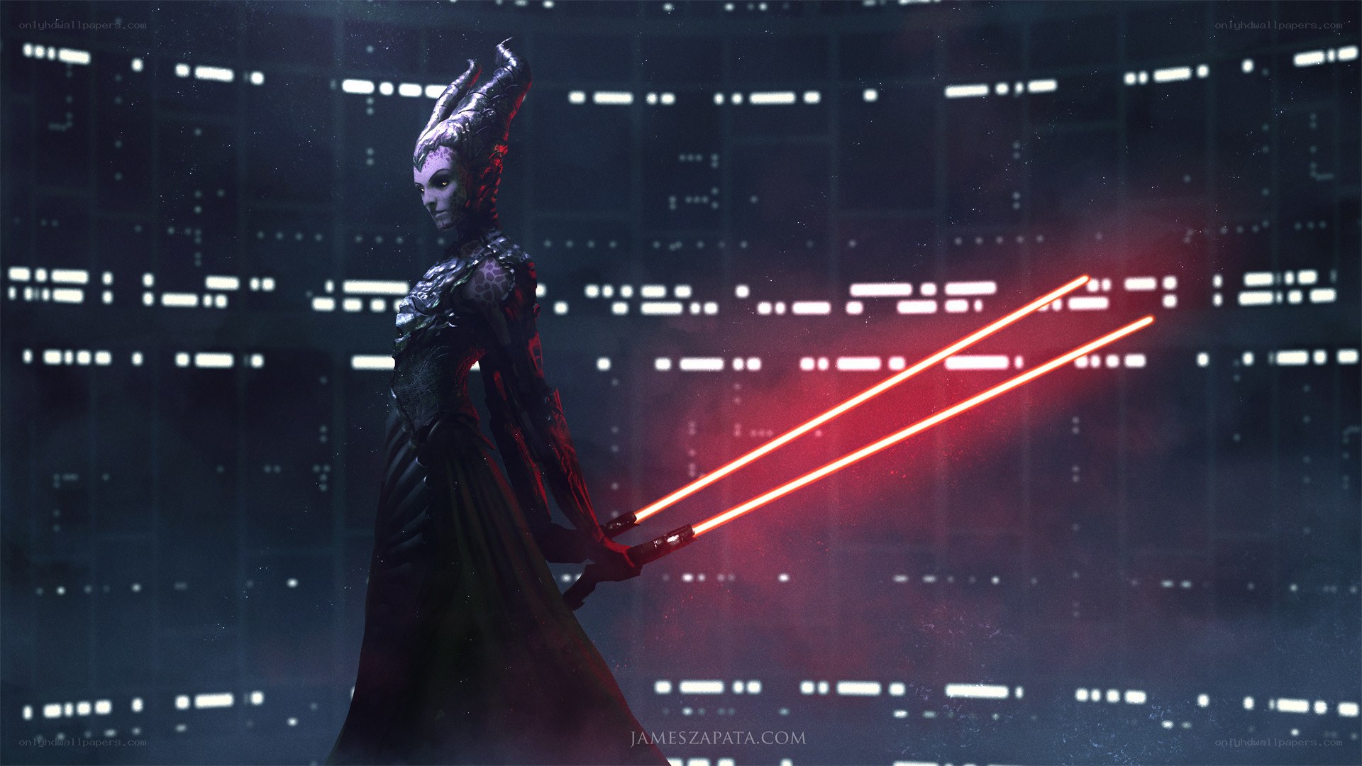 female warrior with dual lightsabers
