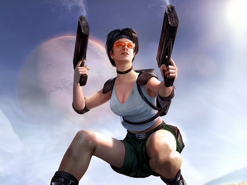 female warrior with dual pistols