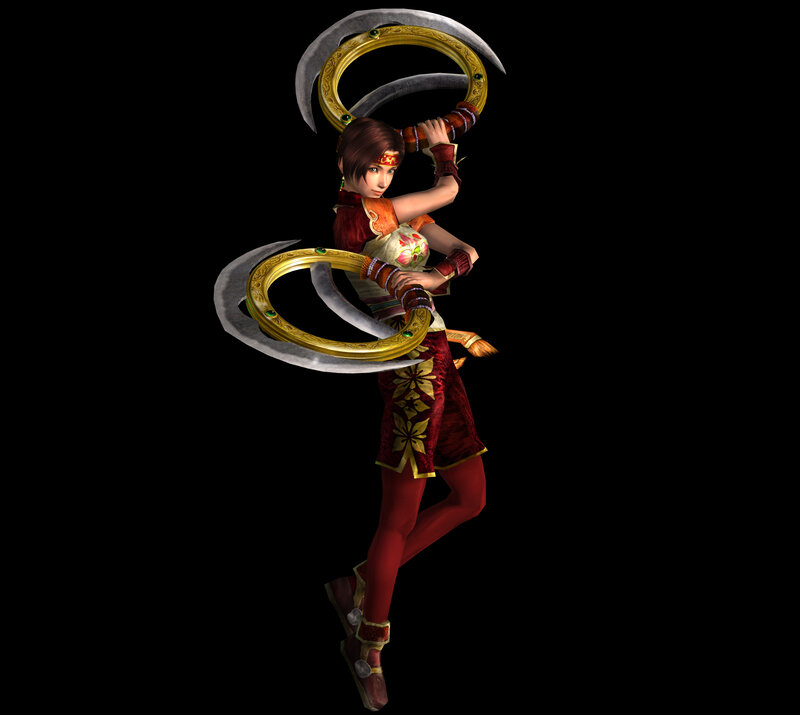 female warrior with dual scythes
