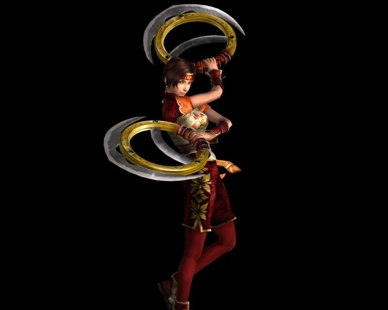 female warrior with dual scythes