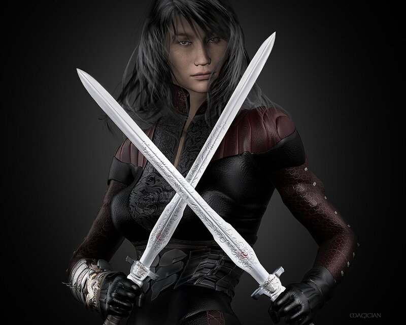 female warrior with dual swords