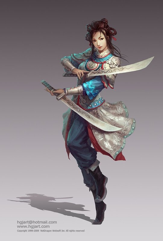 female warrior with dual swords