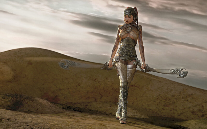 Female Warrior with Dual Swords — Brown