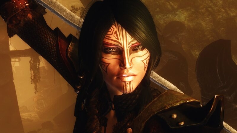 Female Warrior with Face Paint — Brown, Dramatic, 3d Render, Sword, Armor