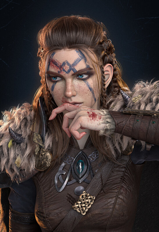 Female Warrior with Face Paint — Brown, Dramatic