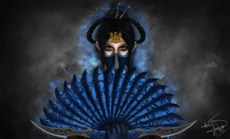Female Warrior with Fan — Blue, Dramatic, Digital Art