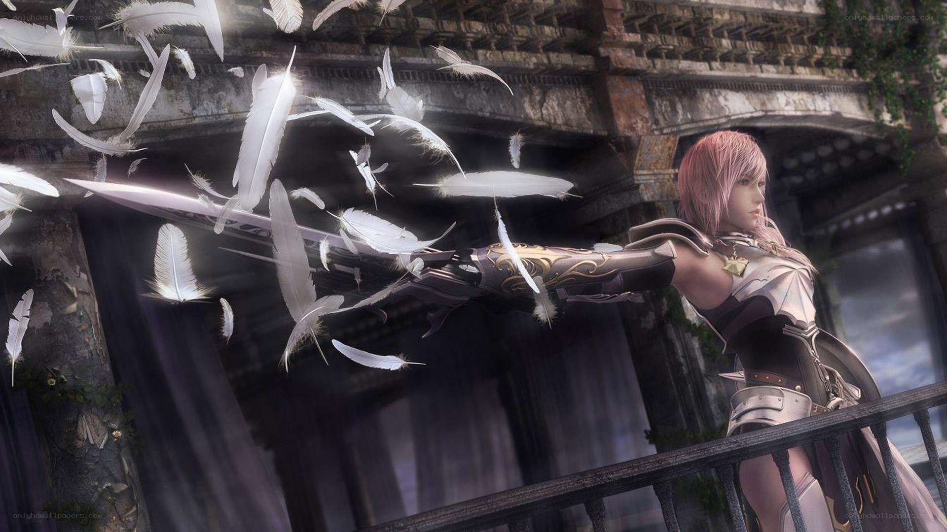 female warrior with feathered weapon