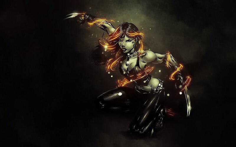 female warrior with fiery claws