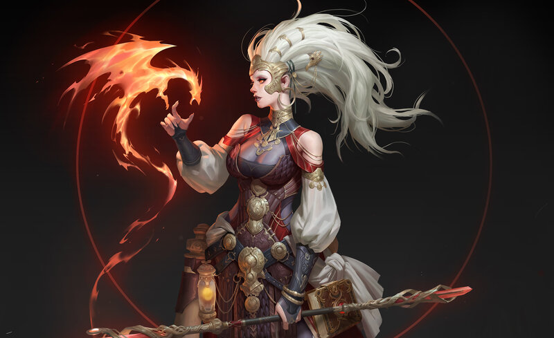 Female Warrior with Fire — Black, Dramatic, Digital Art