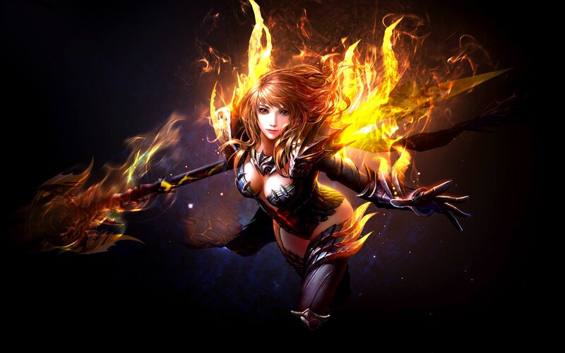 Female Warrior with Fire — Black, Dramatic, Night