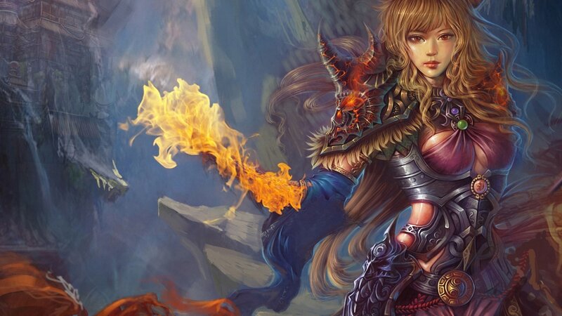 Female Warrior with Fire — Blue, Dramatic, Digital Art