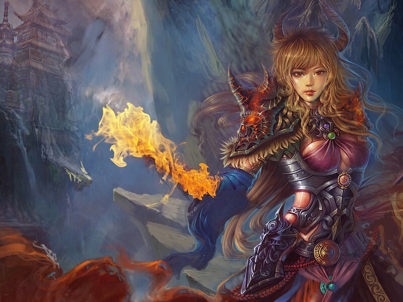 Female Warrior with Fire — Blue, Dramatic
