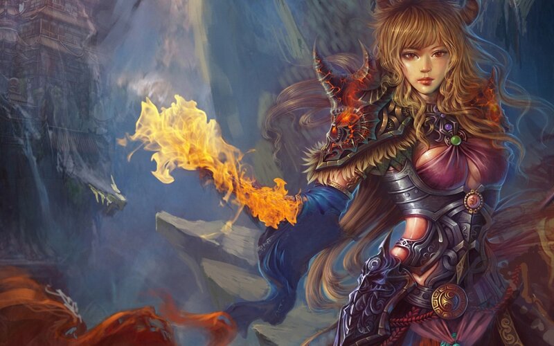 Female Warrior with Fire — Blue
