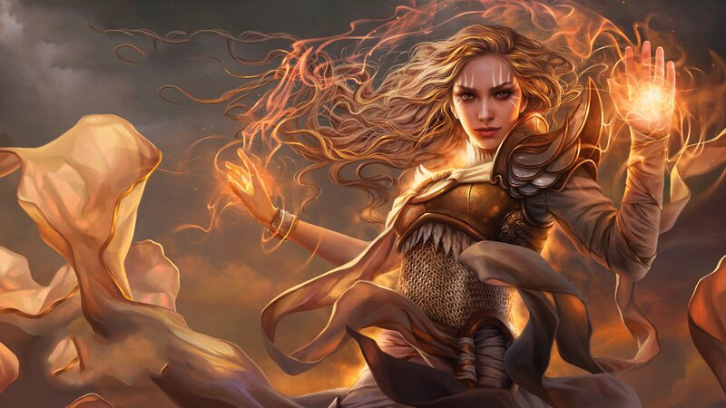 Female Warrior with Fire Magic — Orange, Dramatic, Digital Art