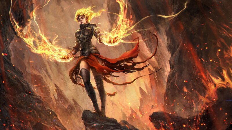 Female Warrior with Fire — Orange, Dramatic, Digital Art, Armor, Cave