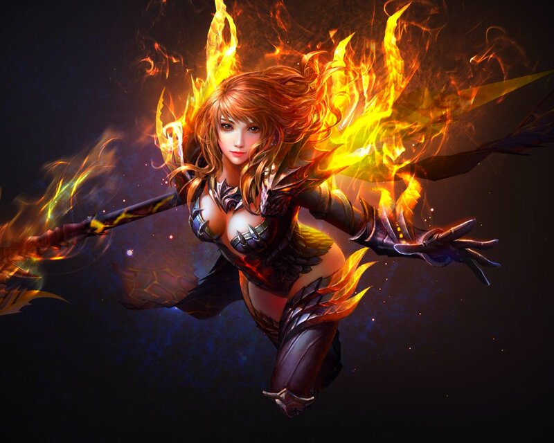 Female Warrior with Fire — Orange, Dramatic, Night