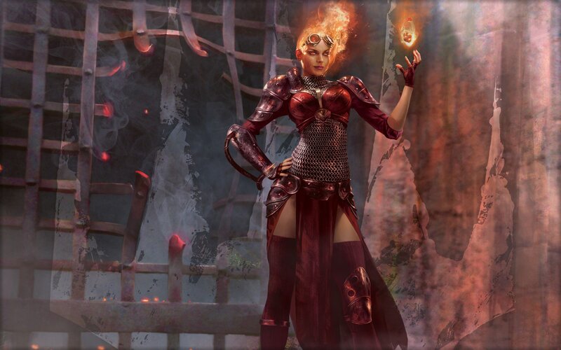 Female Warrior with Fire — Red, Dramatic, Digital Art, Armor, Goggles