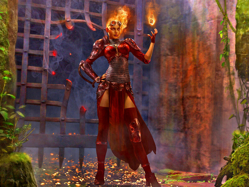 Female Warrior with Fire — Red, Dramatic, Digital Art, Armor