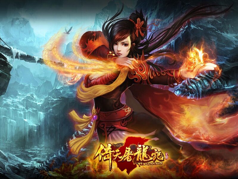 Female Warrior with Fire — Red, Dramatic, Digital Art, Mountains, Bird