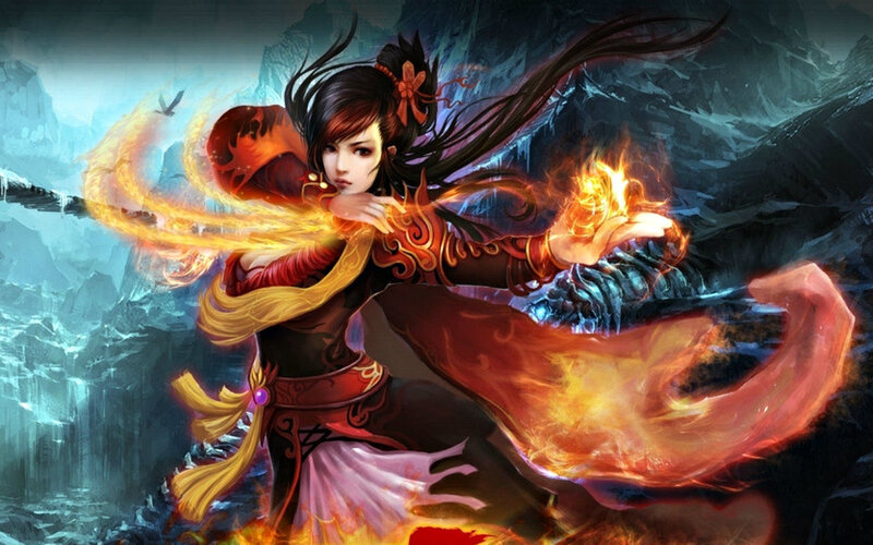 Female Warrior with Fire — Red, Dramatic, Digital Art, Mountains