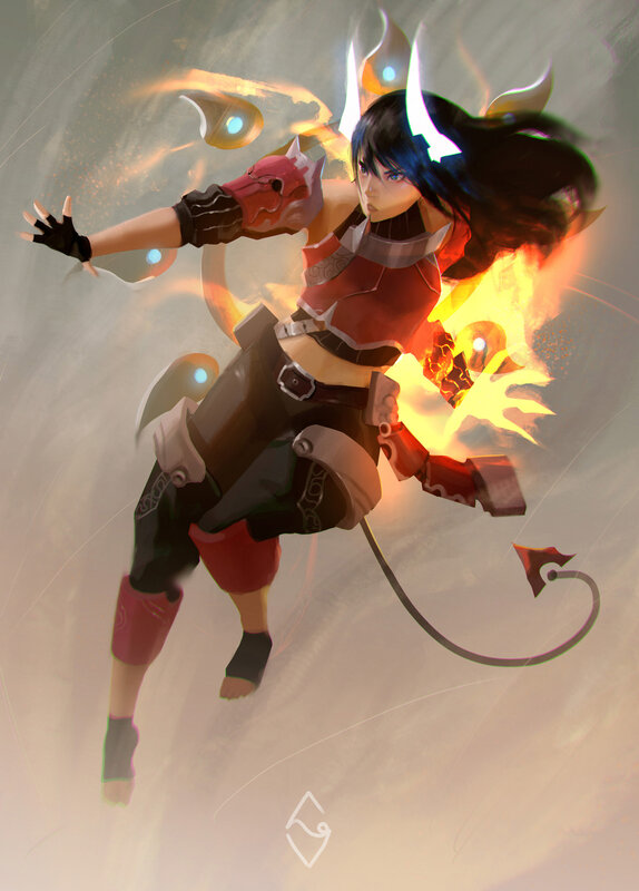 Female Warrior with Fire — Red, Dramatic, Digital Art, Tail