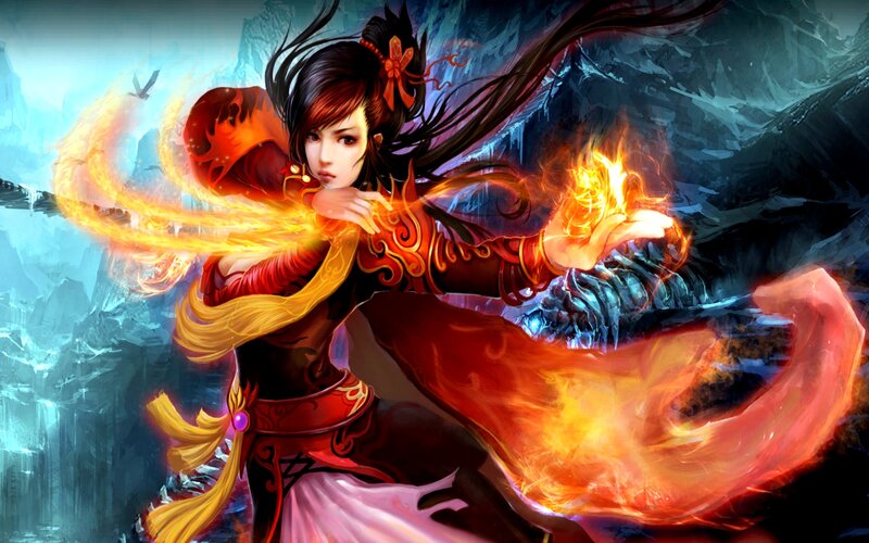 Female Warrior with Fire — Red, Dramatic, Digital Art