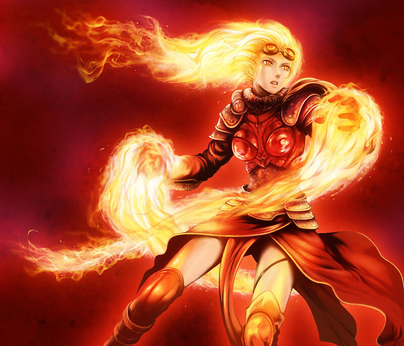 Female Warrior with Fire — Red
