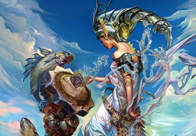Female Warrior with Fish — Blue, Dramatic, Digital Art