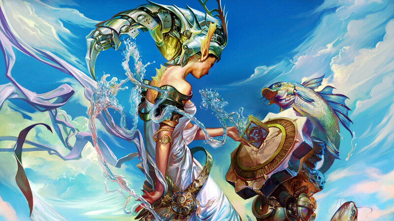 Female Warrior with Fish — Blue, Dramatic