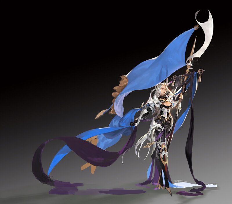 Female Warrior with Flag — Blue