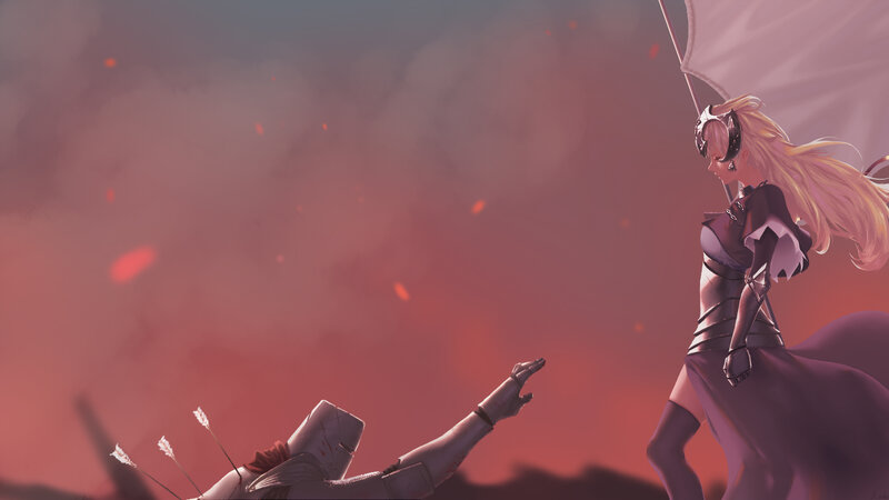 Female Warrior with Flag — Red