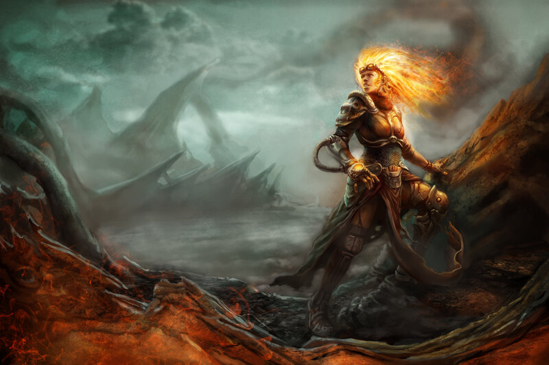 Female Warrior with Flaming Hair — Orange, Dramatic