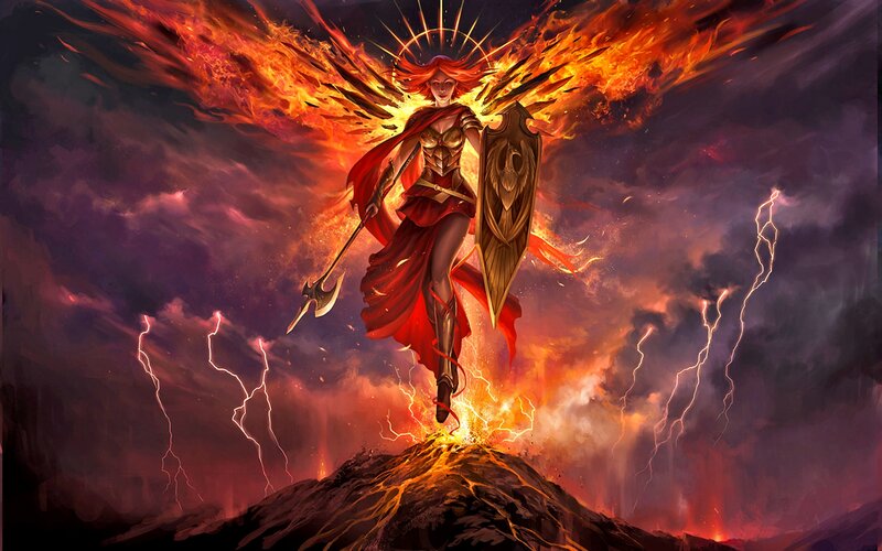Female Warrior with Flaming Wings — Red, Dramatic