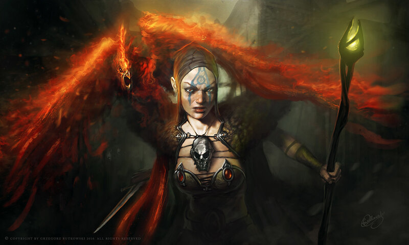 Female Warrior with Flaming Wings — Red